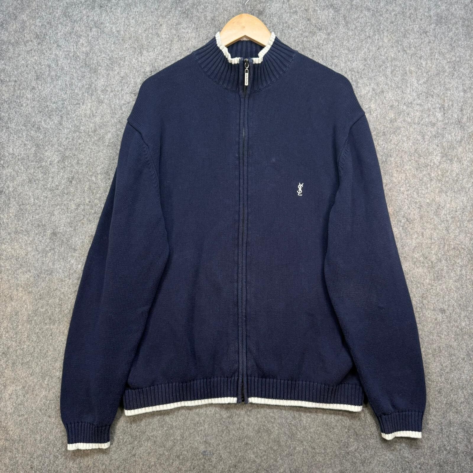 Yves Saint Laurent Giacca Uomo Taglia Large Navy 100% Cotone Maglia Logo Vintage YSL