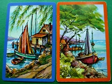 2 Single Vintage Swap Playing Cards Sailboats Houses On The Water Great Art Pair