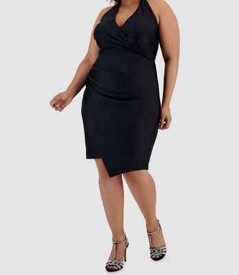 halter plus size wrap dress City Studios Women's Black Trendy Plus Size Halter Faux-Wrap Dress Plus  Size 2X