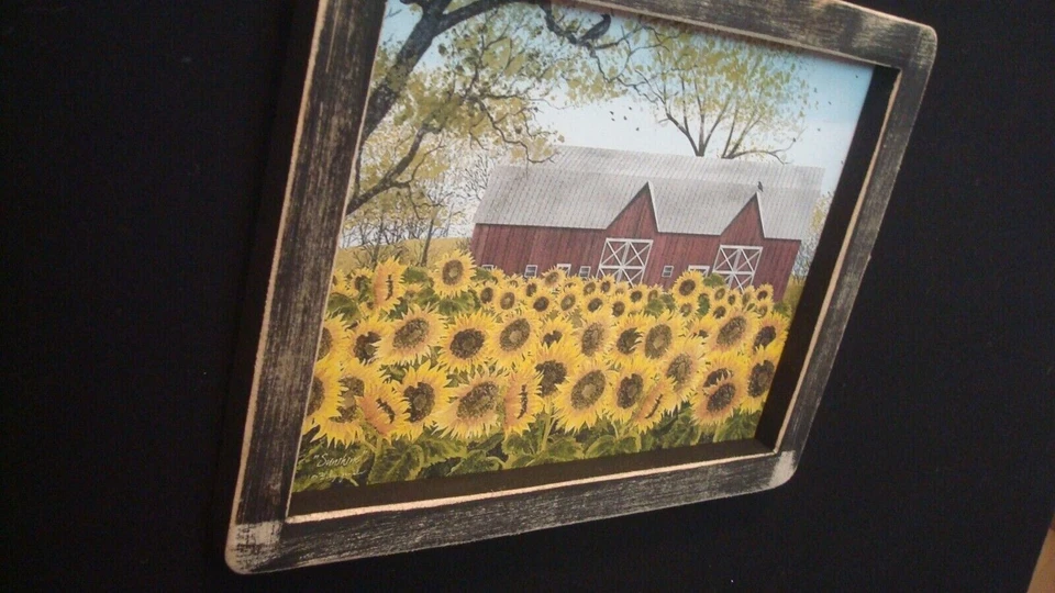 Prim Country Print *SUNFLOWERS in front of Barn* 10" x 8" Black Handmade Frame - Image 2 of 2