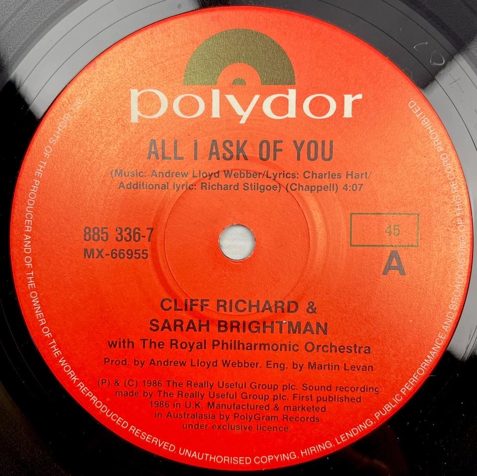 Cliff Richard & Sarah Brightman All I Ask Of You 7” 45 RPM Vinyl Record 1986 OG - Image 2 of 4
