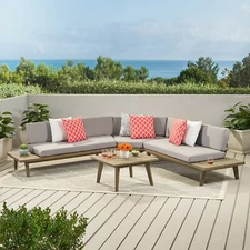 Hillside Outdoor V Shaped 4 Piece Acacia Wood Sectional Sofa Set