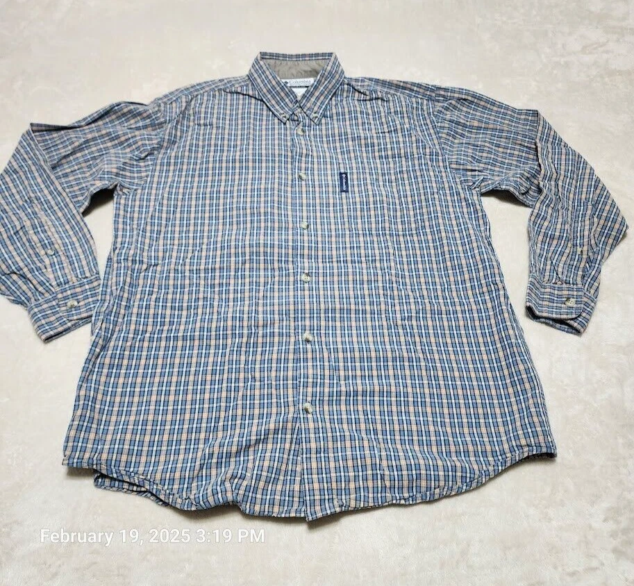 Columbia Men's Size Medium Blue Check Plaid Button Down Shirt Long Sleeve Pocket