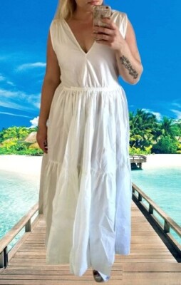 $89 H&M Limited Edition White V Neck Cotton Long Maxi Dress Bloggers sz M RARE