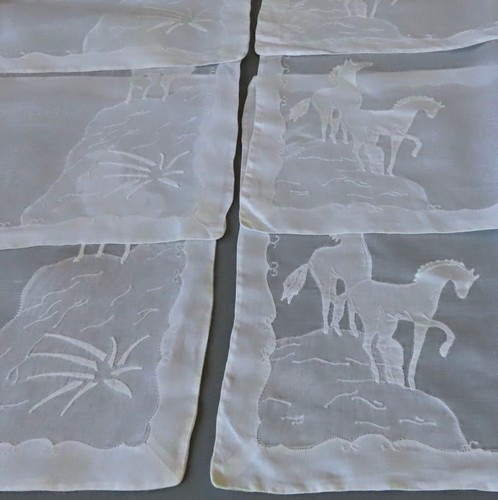 8 Vintage MADEIRA Organdy + Linen Hand Embroidered + Appliqued Placemats HORSES - Picture 4 of 10