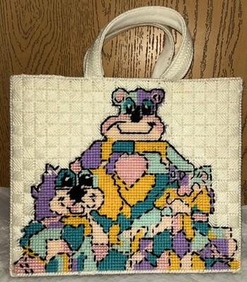 Vtg Patchwork Pals Teddy Bears White Plastic Canvas Felt Lined Tote Bag 12 