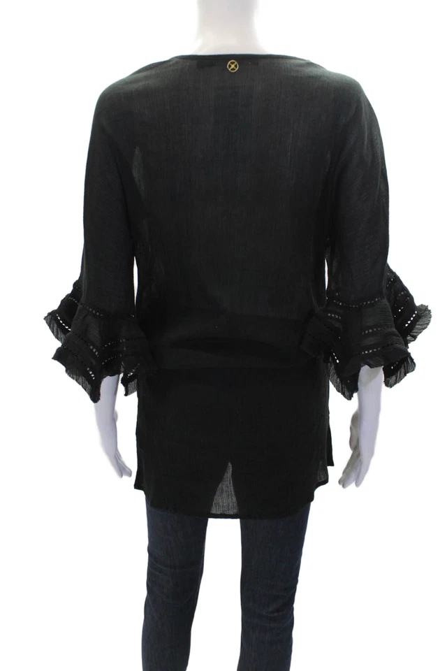 Vix Paula Hermanny Womens Cotton Sheer Ruffle Detail Top Solid Black Size S - Image 3 of 4