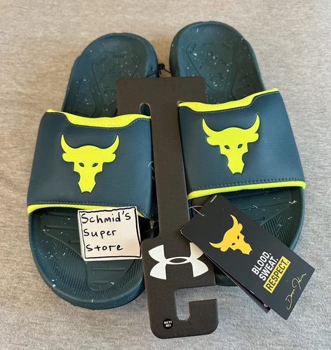 Under Armour Men’s Sz 13 Project Rock 3 Slides Hydro Teal Yellow 3026034-402 New