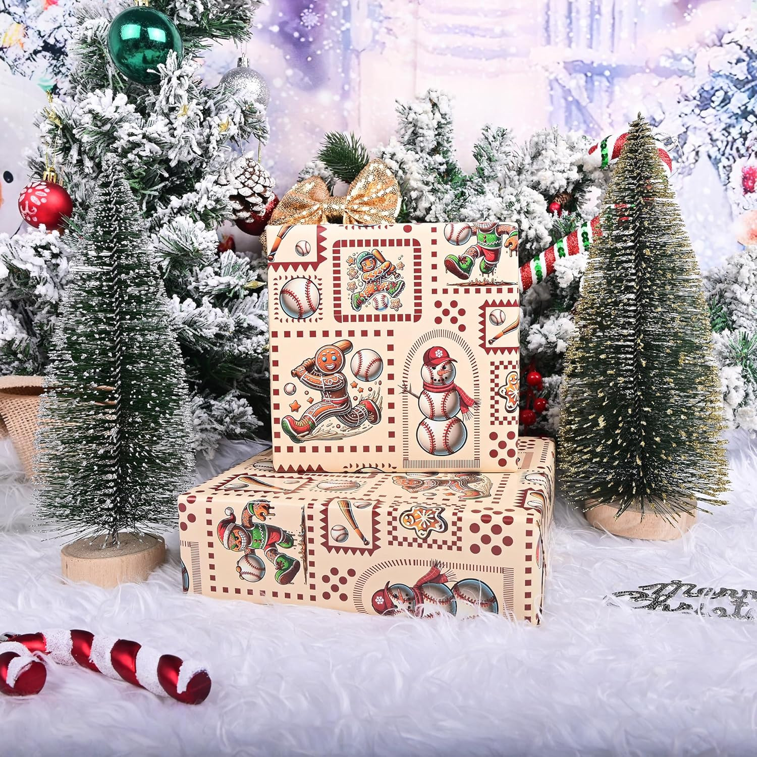 Reversible Baseball Christmas Wrapping Paper Roll for Kids Men - Funny Gingerbre