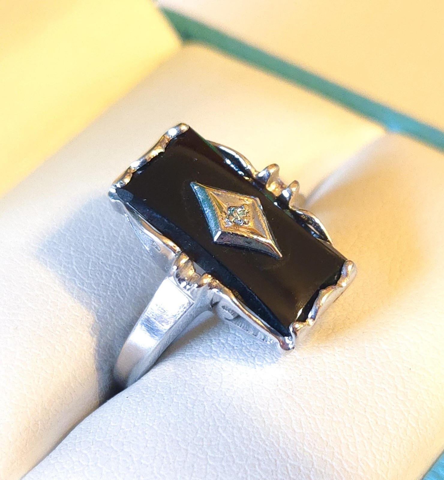 Antique 10k Solid White Gold Hand Wrought Black Onyx Diamond Ring Size 7
