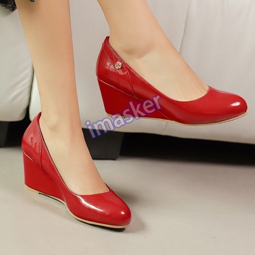 Zapatos de tacón alto de oficina sin cordones de charol para mujer de 7 cm con cuña poco profundos  - Imagen 1 de 24