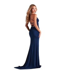 Windor Navy Blue Mermaid Satin Prom Dress Size M NWT Cutout Formal Evening Train