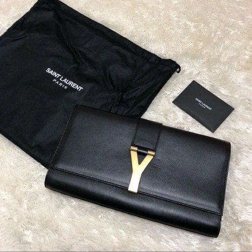Yves Saint Laurent Y Line Clutch Bag Black Leather 10.6x6.3x2.0 in With Dust Bag