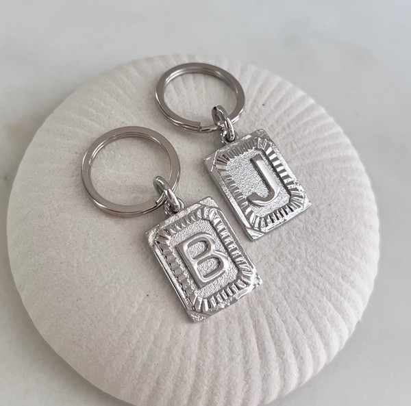 Alternate view of Gold Initial Tag Key Ring Gold Initial Charm Key Chain Charm Keeper Keyring