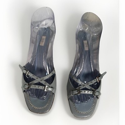 Vintage Prada Buckle kitten heel mules / Sandals Size 38.5 Blue, Grommet Embel