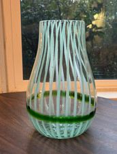 Hand Blown Art Glass Green Teal Striped Vase Large 7" x 9"