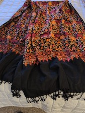 Orange Rust Black Floral Embroidered Shawl Oversized Scarf Boho Bohemian Indie