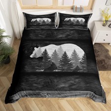 Lodge Cabin Duvet Cover Gray Bear Pine Tree Silhouette Pattern Comforter Cove...