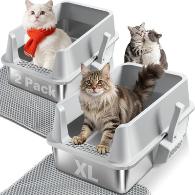 XL Stainless Steel Cat Litter Box with Lid, 2 Pack, Easy Clean & Odor-Free