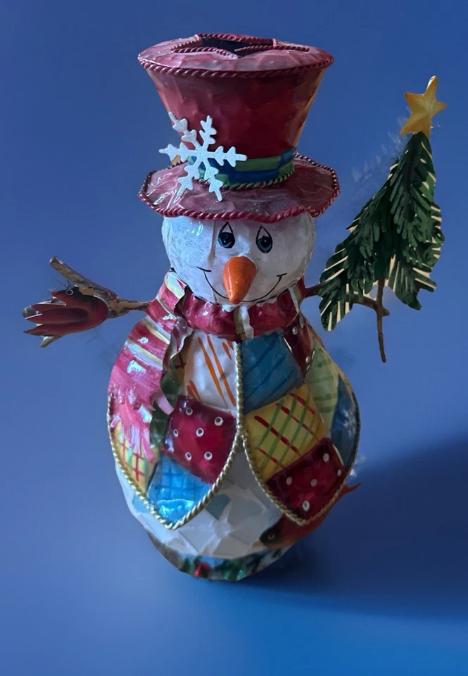 Muñeco de nieve de metal interior del hogar con patrón de vidrieras, sostendrá una luz de té Foto 4 de 4