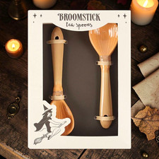 Broomstick Tea Spoon Set of 2, Brown Wooden Novelty Witch