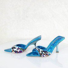 Festive Blue Sequin Slip On 2.5" Heel Casual Evening Party Shoes