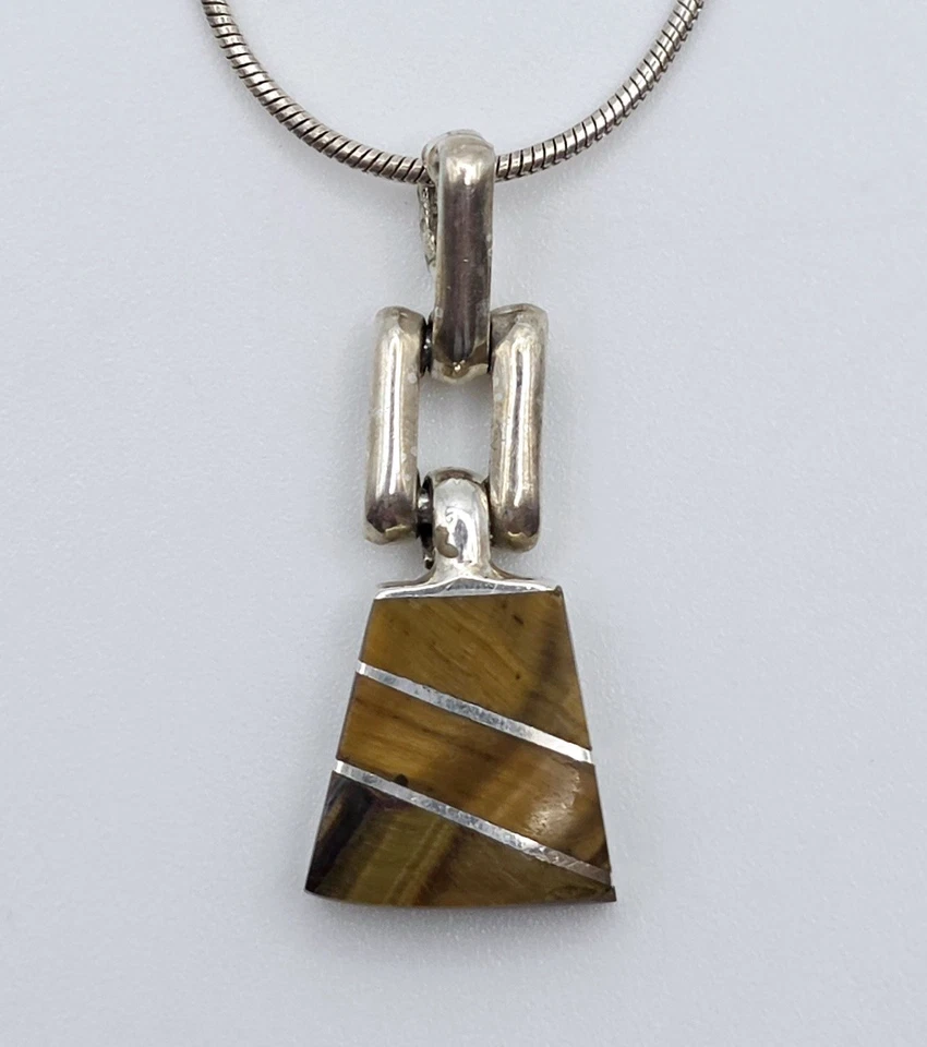 Collar Colgante Vintage México 950 Plata Ojo de Tigre Dije Modernista Taxco Foto 3 de 4