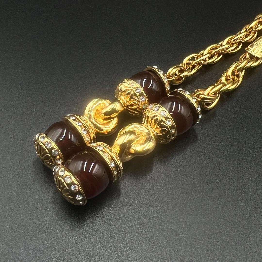 Chanel Vintage Gold Gripore Necklace Brown Stone Used thumbnail 3