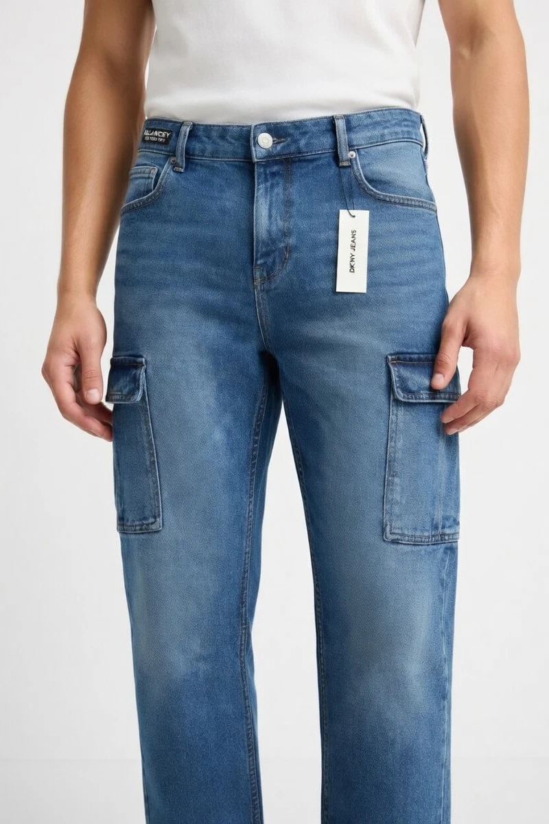 DKNY Relaxed Fit Cargo Jeans Straight Leg 36x30 Blue Cotton | eBay