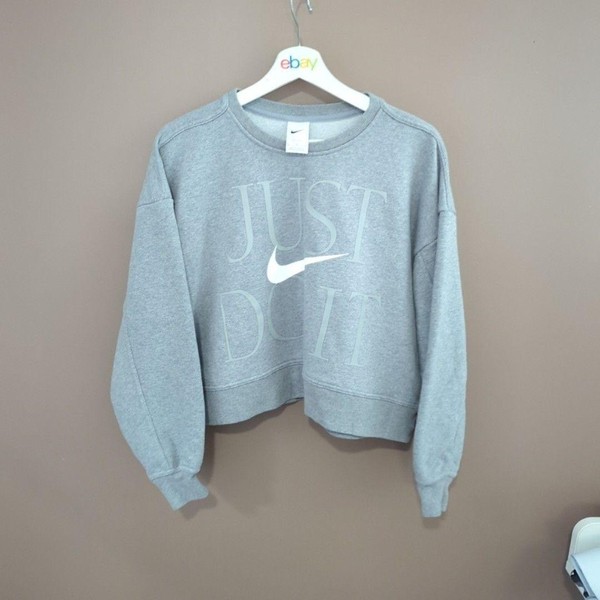 Nike Sweatshirt Womens M Grey Cropped Dri-FIT Fleece Just Do It Graphic Logo