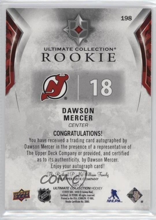 2021-22 Upper Deck Ultimate Collection Rookies /99 Dawson Mercer Rookie Auto RC - Image 2 of 2