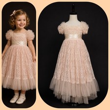 VTG'50s Peach Lace Flower Girl Dress Tea Length Tulle Formal Mid-Century As Is