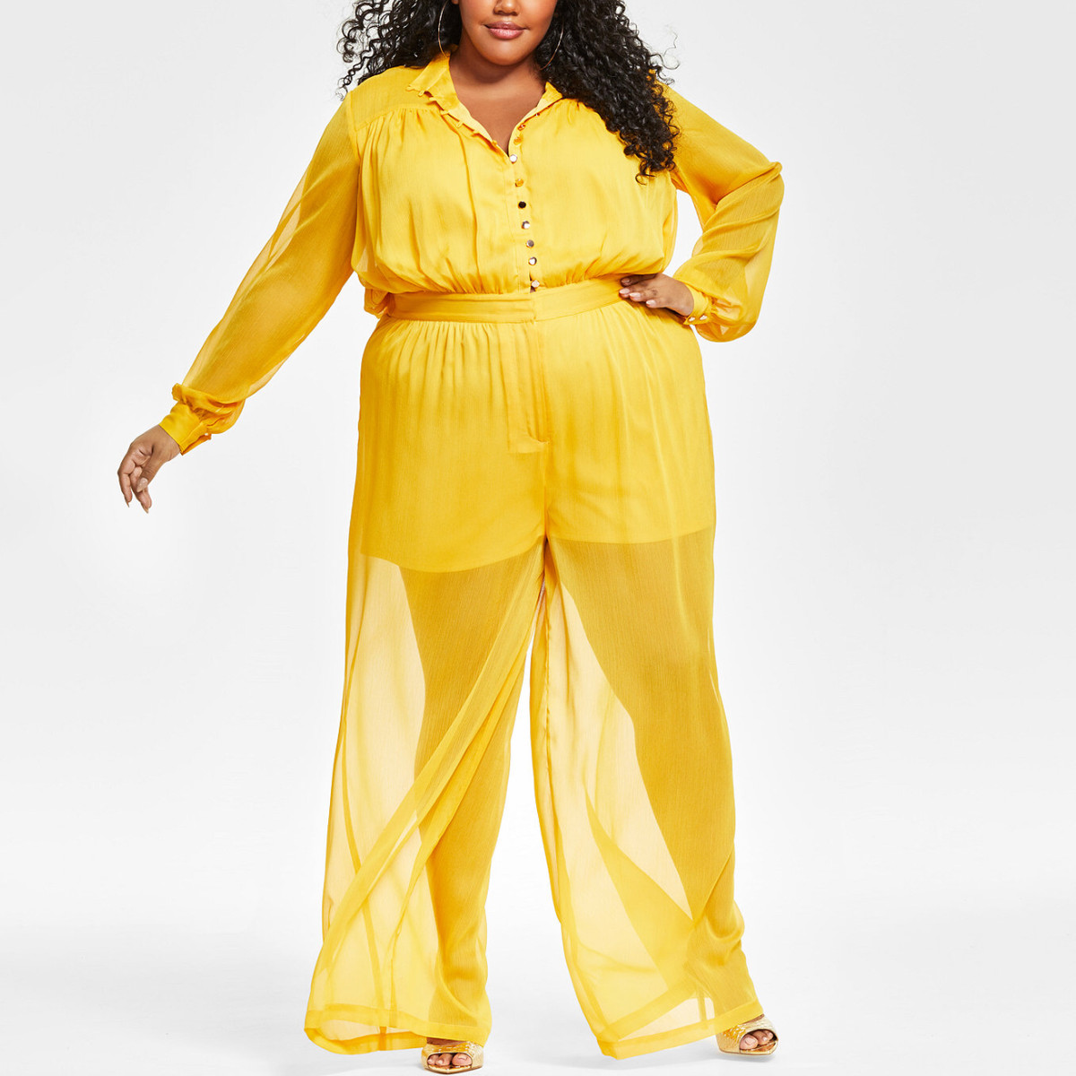 Nina Parker Womens Yellow Wide Leg Long Sleeve Button-Front