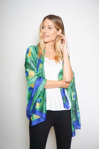 100% Silk Scarf in Rich Vivid Colours with Peacock Design - Picture 3 of 4