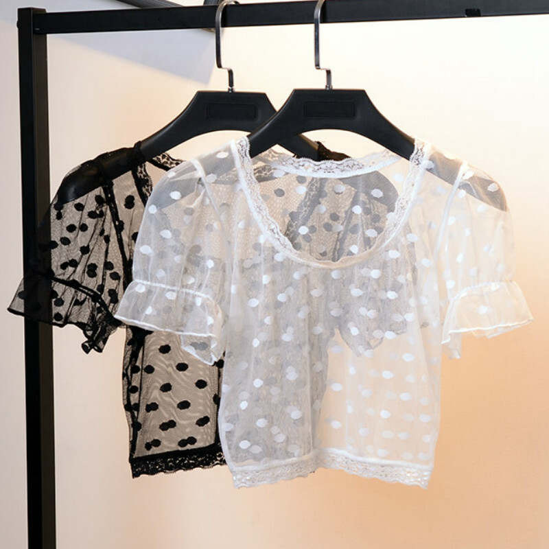 Women Sheer Polka Dot T Shirt Mesh Lace Crop Top Stretch Blouse