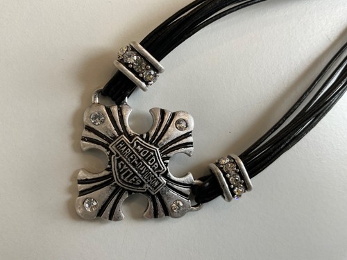 Harley-Davidson Cross necklace,Bar&Shield,leather cording,rhinestones.Old silver - Picture 2 of 12