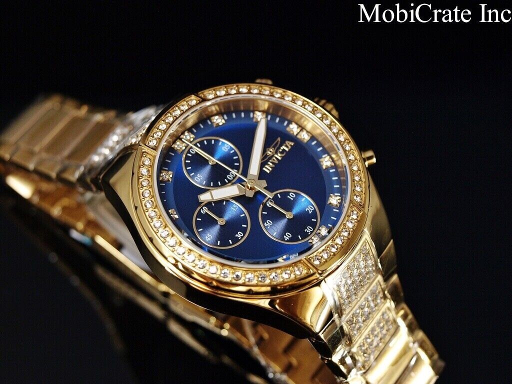 Invicta 38mm Royal Pave Crystal Quartz Chronograph Gold Tone Blue