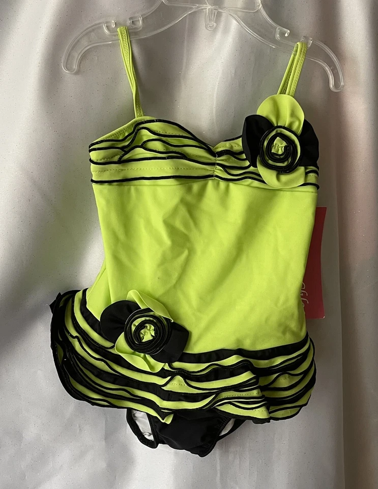 Traje de baño Isobella And Chloe verde neón y negro con volantes para niñas 1 pieza 4 Foto 2 de 4