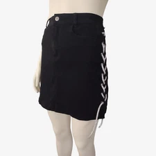 LaBijou Black Denim Rhinestone Metal Lace Up Sides Mini Pencil Skirt Size L