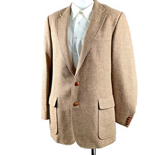 VTG Haggar Imperial Blazer 44L Brown Check 100% Wool 2 Leather Button Jacket USA