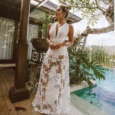 Women's formal dress, sexy dress, deep V-lace hollow beach dress, formal dress