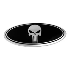 Premium Logo 7" Emblem:  White Punisher Skull On Black Oval Logo for Ford Grille