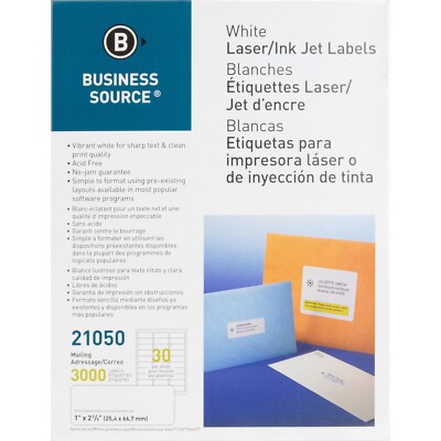 Business Source Mailing Label Laser 1''x2-5/8'' 3000/PK White 21050