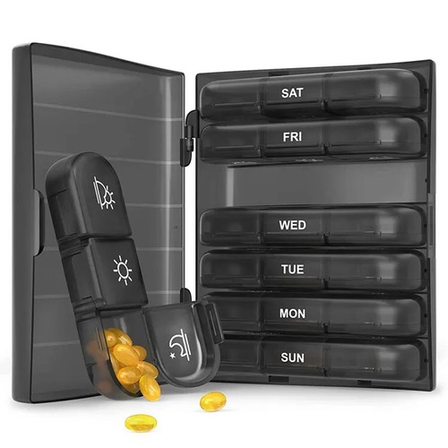 21 Compartment Black Pill Box 7 Days a Week 3 Times Portable Pill Box Organizer - Picture 2 of 19