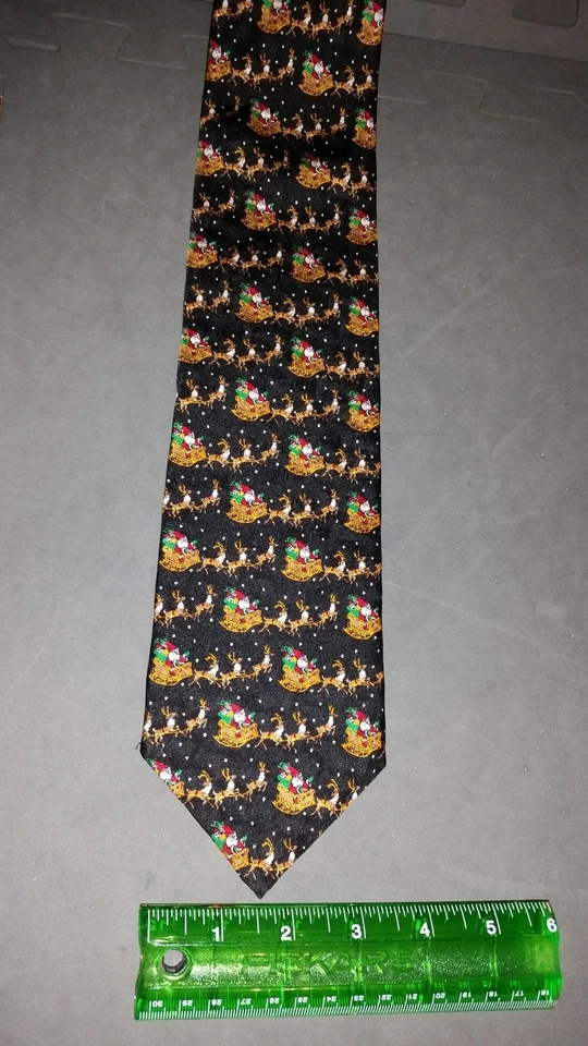 Christmas Men's Tie  by J. Z. Richards 100% Black Silk Santa Sleigh Reindeer USA - Image 3 of 4