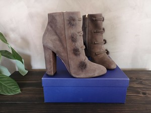 Aquazzura Gray Suede Mink Fur Pom Pom Ulyana Ankle Boots Booties Sz 41 Ebay