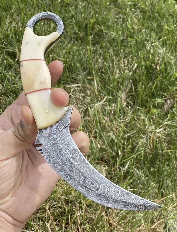 CUSTOM DAMASCUS STEEL Tactical Hunting combat Karambit FIXED BLADE KNIFE EDC 197 - Image 3 of 4