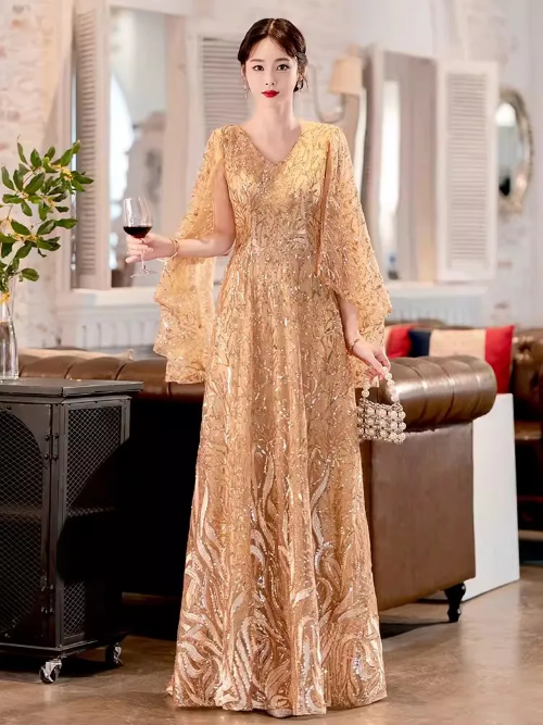 Gold Sequin Bridal Dresses Elegant V-Neck A-Line Floor-Length Long Party  Gowns | eBay