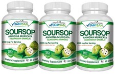 GRAVIOLA SOURSOP 2000 MG 3 BOTTLES PURE PER SERVING BOOSTER 270 CAPSULES ANNONA