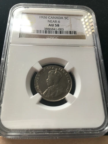 1926  Near 6  NGC Graded Canadian,  ¢5 Cent **AU-58**
